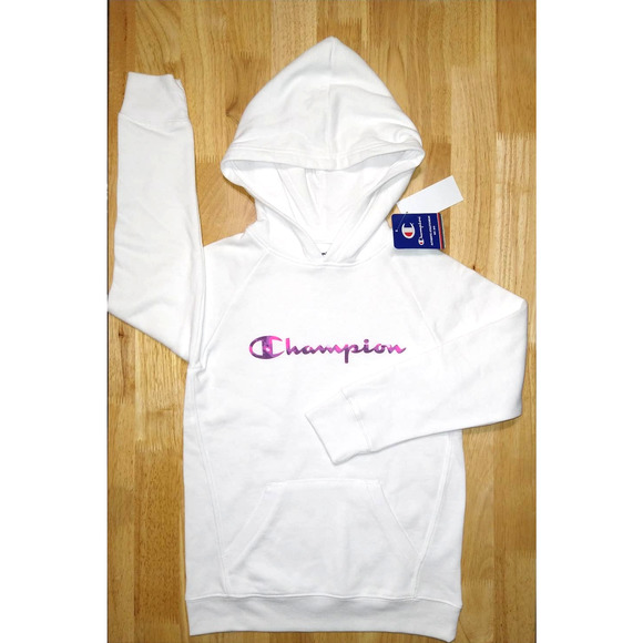 Champion Girls Tie Dye Script Logo Hoodie Size M White Fleece Sweatshirt New - Picture 2 of 8